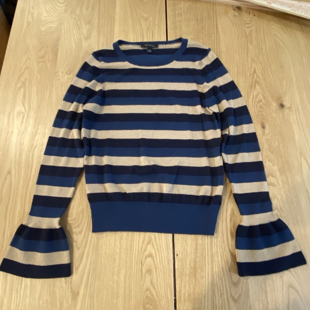 Ann Taylor Factory Navy Black Beige Stripe Sweater Women's Sm Long Bell Sleeve